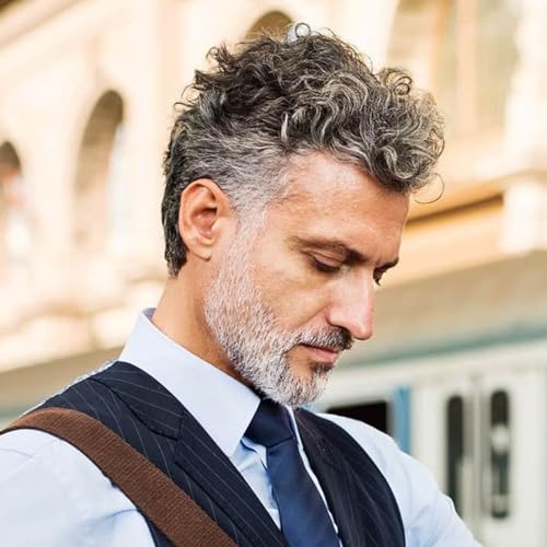 Lishy Curly Men Toupee Human Hair Replacement Systems for Men Hairpiece 20MM Curl All V-looped Full Skin PU Wigs 10x8inch 1B Black Mixed 60% Grey Hair Color