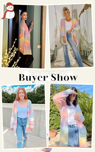 ECOWISH Womens Cardigan Sweaters Fall Winter Knitted Rainbow Color Block Striped Cozy Kimono Long Sleeve Open Front Pockets3