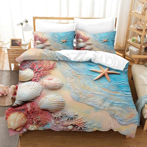 Parure de lit plage en microfibre premium avec motifs coquillages imprimés 3D