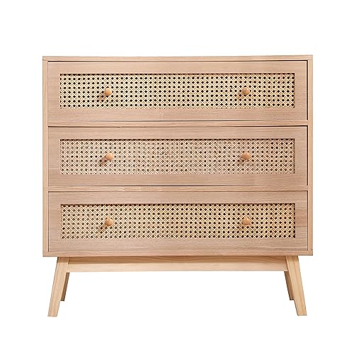 Cómoda de madera maciza con 3 cajones grandes, acabado natural, aparador de almacenamiento para dormitorio o sala de estar, armario de madera rústica con diseño totalmente natural