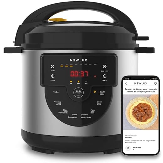 NEWCOOK Olla Programable Newcook Delicious Negra, Olla a Presión Multifunción Eléctrica con Voz, 15 Funciones, 1000W,6 l, 4 Niv. Presión,Cubeta con recubrimiento cerámico. Accesorio para Freír