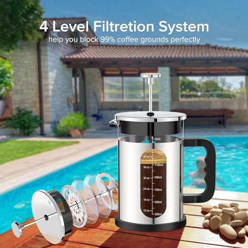 QUQIYSO French Press Coffee Maker 51oz 304 Stainless Steel French Press with 4 Filter, Borosilicate Glass Coffee Press