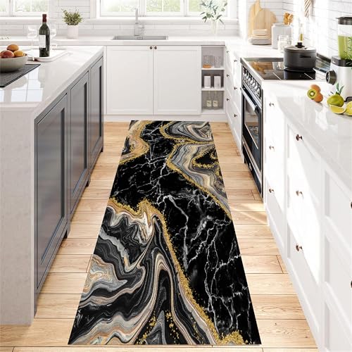 Tapete corredor mármol negro y dorado 3.3x10ft antideslizante miniatura 2