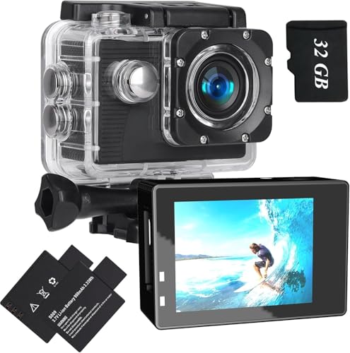 Xilecam Cámara Deportiva 1080P, Cámara subacuática 131FT Camara Deportiva 2 baterías Recargables de 900mAh y Kit de Accesorios(Negro)