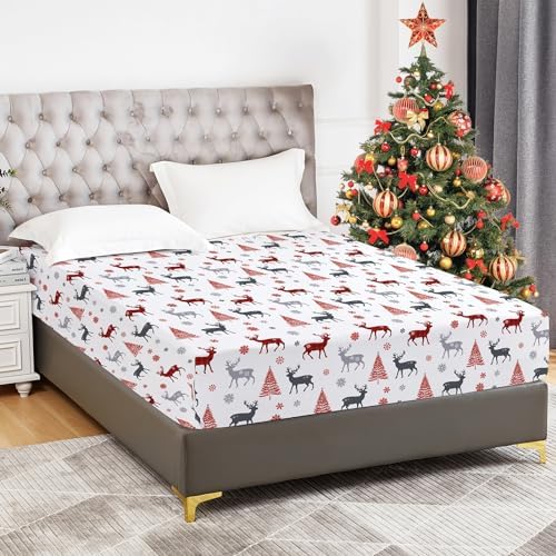 YIYEA Christmas Fitted Sheet Only, Premium Double Brushed Microfiber Deep Pocket Fitted Sheet Queen Size, Ultra Soft Fitted Bottom Sheet, Shrinkage, Fade Resistant, Queen