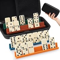 Domino Set für Erwachsene, Double 6 Dominosteine mit 28 Steinen (4 x 2 x 0,5 cm) und 4 Silikon-Dominohaltern (16 x 1,7 x 1,8 cm), Klassisches Brettspiel mit Tragetasche für Familienspiele und Reisen
