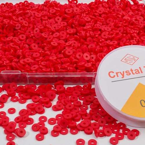 THRELE 4000pcs Red Clay Beads 6mm Heishi Bead Polymer Flat Round Disc Bulk Beads for Jewelry Making DIY Friendship Bracelet and Necklace Craft