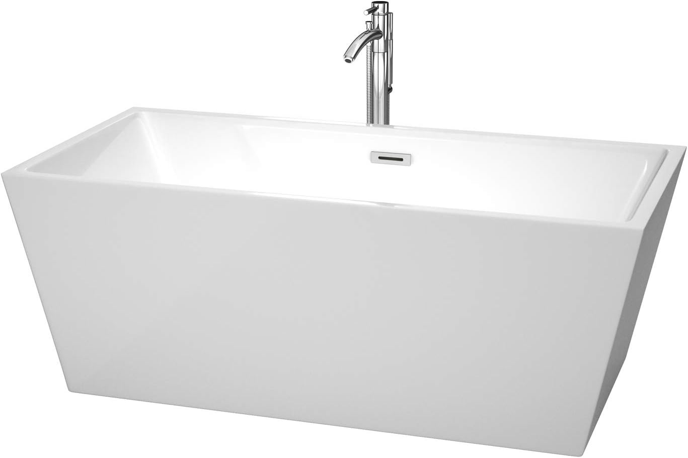 "Sara 63 inch Freestanding Bathtub in White with Floor Mounted Faucet, Drain and Overflow Trim in Polished Chrome"