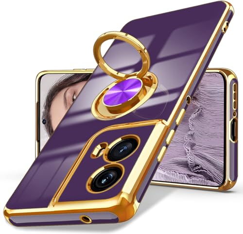 Dretal for Motorola Moto Edge 5G 2024 Case, 360° Rotatable Ring Holder Magnetic Kickstand,Plated Gold Edge Slim Soft TPU Protective Cover for Moto Edge 2024 (Deep Purple)
