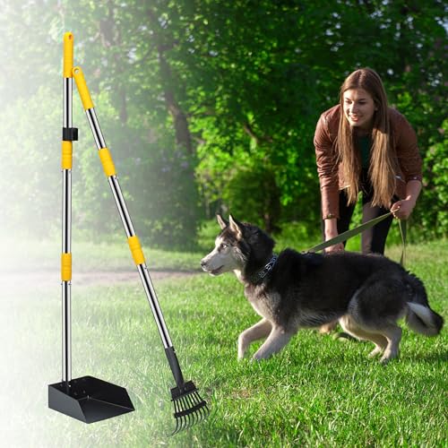Image of Niubya Pooper Scooper for Dogs, Metal Poop Scooper Tray and Rake Set with Adjustable Long Handle, Dog Pooper Scooper for Pet Waste Removal
