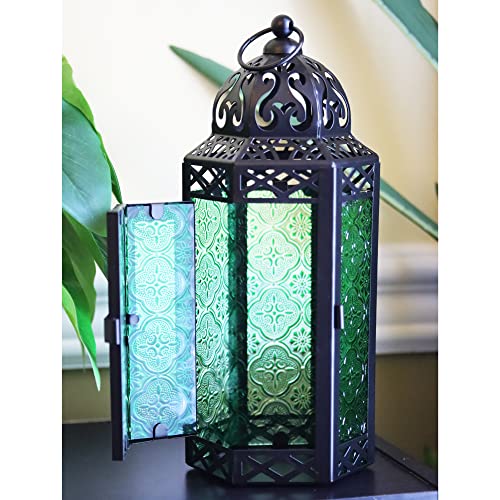 Vela Lanterns Moroccan Lantern Decorative Candle Holder For Ramadan Decorations, Green Glass, Medium #TOP1