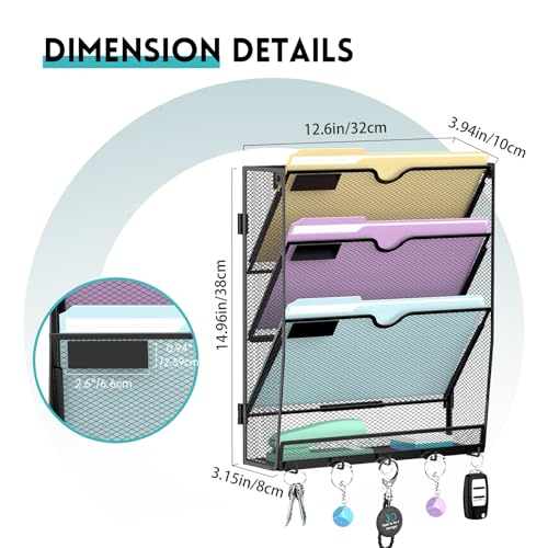 4 Tier Hanging Wall File Organizer with 5 Hooks, Mesh Wall File Holder Vertical Paper Organizer for Mail, Folders, Magazines, Bills, Office and School by ReePlan - Used condition - Image 2