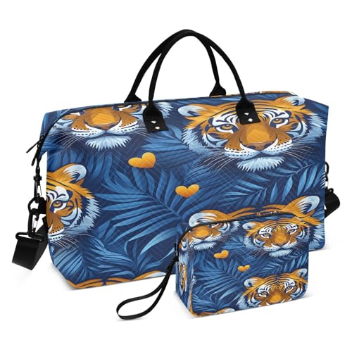 Travel Duffle Bag Weekender Bags Overnight Bag with Toiletry Bag Gym Duffel Bag Tiger Heads Blue Leaves for Travel Business Trips Sport