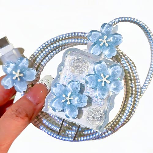 DIY Flower Charger Protector Cute Design for iPhone Cable Protector,3D Sakura Rose Floral Pattern Phone Cord Protector,Cable Protector for iPhone iPad 18W/20W Charger Cover 15 16 17 Pro Max-Light Blue