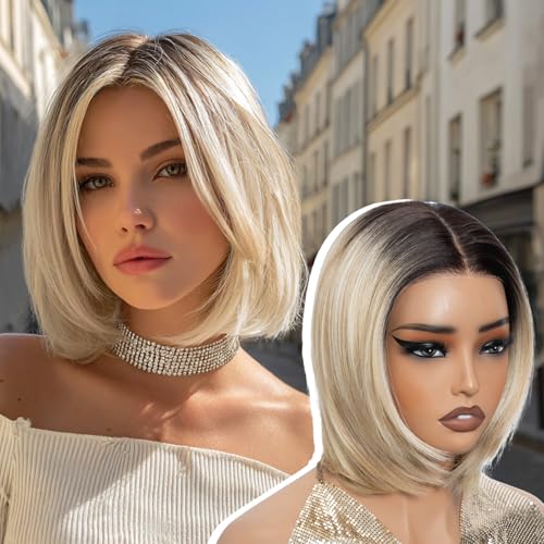 NOBLE Synthetic Lace Front Bob Wig Ombre Blonde Hightlight Layered