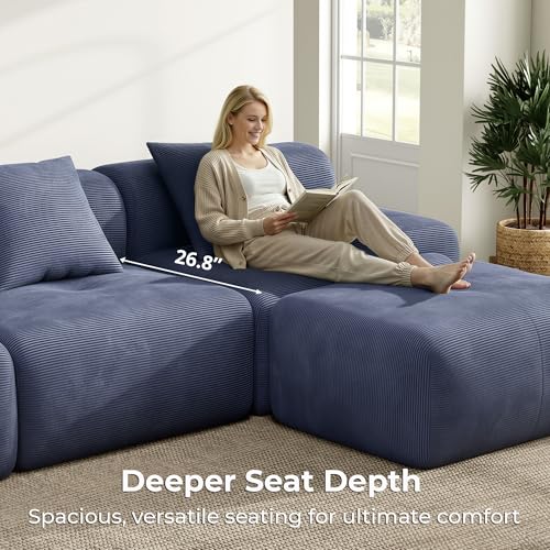 Image of LIKIMIO LumiCord 118 inch Tufted Modular Sectional Sofa with Ottoman, Modern L-Shaped Boneless Couch for Living Room, 26.8 inch Deep Seat, 18.1 inch High Seating, 15 inch Wide Armrest, Corduroy, Stormy Indigo