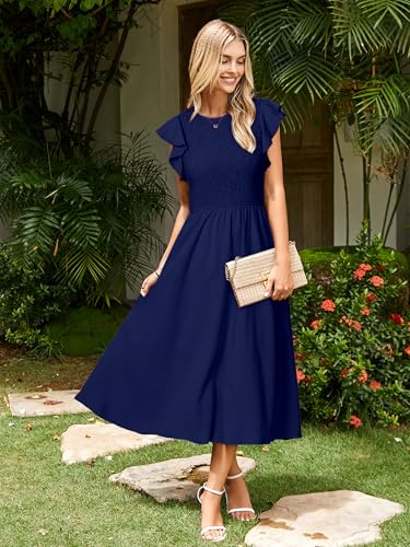 Image of Simplee Womens Striped Midi Summer Dress Linen Smocked Flutter Short Sleeve Dress Flowy Casual Dress with Pockets