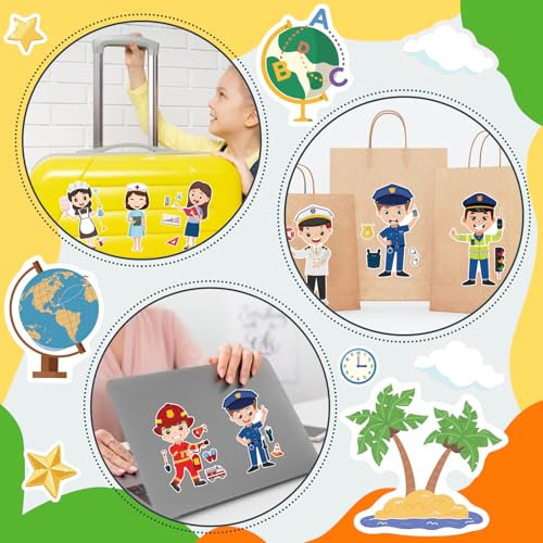 Image of Educational Stickers, Make Your Own Occupation Post Stickers for Boys Girls | Make Your Own Stickers with 8 Designs of Firefighter Doctor Policeman Teacher Sticker, Birthday Gift Craft Party Favor