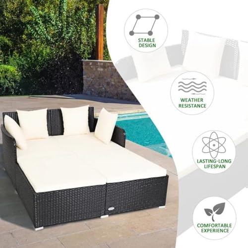 Image of BRISHI Outdoor /Pool Side /Garden /Balcony /Porch /Backyard /Terrace /Patio /Beach /Rectangular Sofa Sunbed Wicker and Rattan Daybed (Black-White)