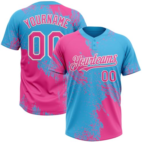 Customized Blue and Pink Brush Style Softball Jerseys for Women Men Youth Unisex, Personalized Baseball Shirts Stitched Name Number Logo, Design Training Uniform for Running Hiking Party Beach Club