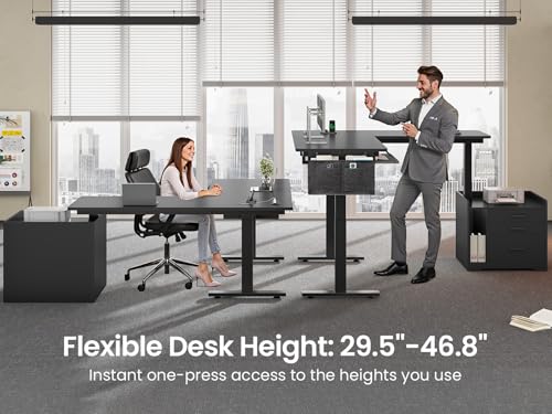 Image of SEDETA L Shaped Electric Standing Desk with File Cabinet, 63 x 53'' Height Adjustable Home Office Computer Desk with Drawers, Power Outlet, Stand up Gaming Table with Led Lights, Keyboard Tray, Black