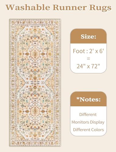 SERISSA Boho Washable Runner Rug, 2x6 Rug Runner Non-Slip Vintage Light Yellow Hallway Kitchen Runner Rug Ultra Soft Print Distressed Floor Carpet Runner for Bedroom Bathroom Laundry Living Room