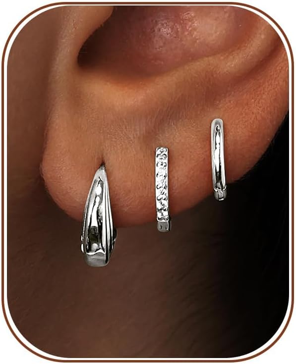 Poxtex Small Sterling Silver Huggie Hoop Earrings Set for Women, Hypoallergenic 14K Gold Plated Hoops Stacks for Multiple Piercings, Dainty Cute Mini Lightweight Cartilage Studs Trendy Jewelry Gift