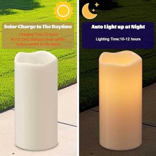 Image of Eldnacele Solar Outdoor Flameless Pillar Candles Waterproof Rechargeable | Solar Powered LED Flickering Candles, White Plastic Dusk to Dawn, Garden Porch Wedding Lantern Decor, 3 inch x 5 inch6 inch8 inch, 3 Pack