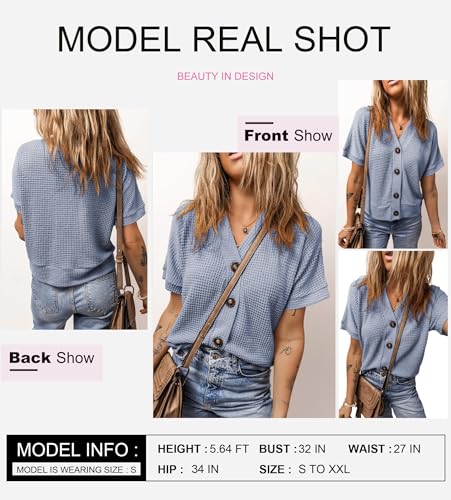 Image of Dokotoo Womens Summer Tops 2026 Waffle Knit Button Down Shirts Casual V Neck Short Sleeve Shacket Jacket Dressy Blouses
