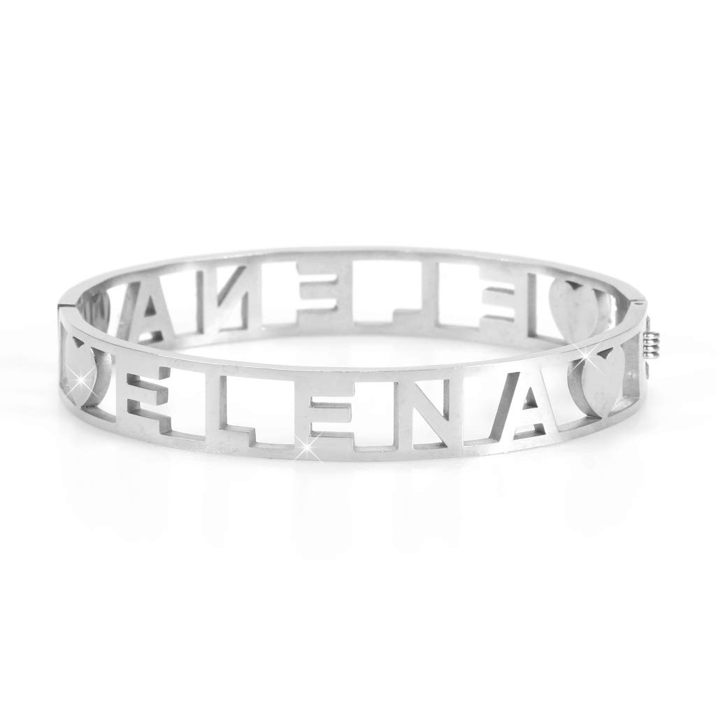 Flowers Bracciale Rigido Acciaio con Nome Vari e Zirconcini Sacchettino in tessuto Scritta nome ricoperta di strass Brillantissimi Bracciale a Manetta Donna Chiusura a molla Idea Regalo