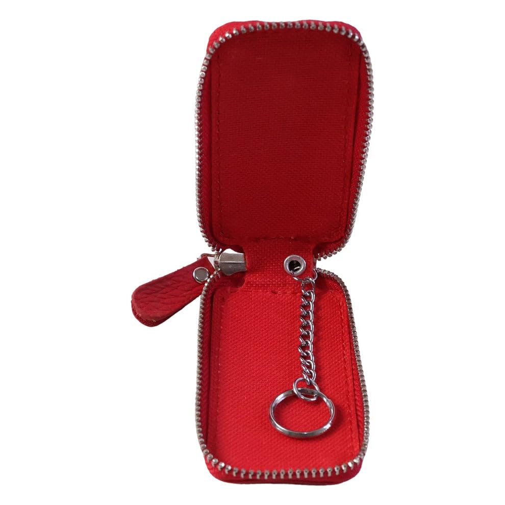 oblivion Leather Car Key Case with Smart Key Holder and Snap Hook, Red Zipper Key Pouch with Key Ring Chain, Compact Key Organizer-picture-3
