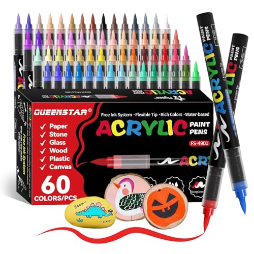 Image of Acrylic Paint Markers Brush Tip, Vivid Colors with Direct-Liquid Ink System, Professional-Grade Paint Pen for Rock Painting, Canvas, Glass, Plastic, Fabric & Creative Crafts (60 Pieces)