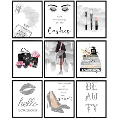 AKBOK 9PCS Fashion Grey Modern Women Poster Silver Girly Wall Art Decor for Home Makeup Room Bedrooms Bathroom 8x10 Inch Unframe, 20*25cm Cover