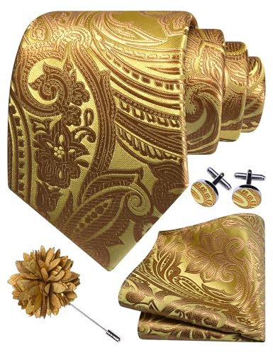 Image of GUSLESON Paisley Tie Set for Men 3.15 inch Necktie Lapel Pin Hankerchief Cufflinks Set for Men