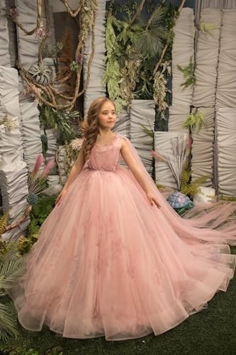 Flower Girl Dress Appliques Tulle - Long Pageant Dresses with Cape A Line Ball Gown2