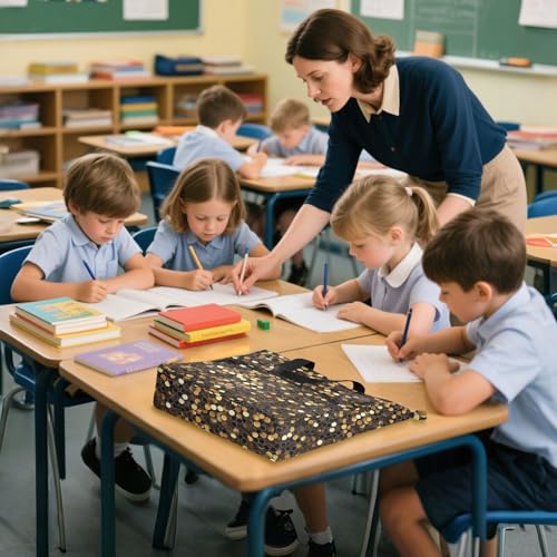 Decorative Kid Tote Bag for Kids Adults, Black and Gold Fake Sequins Water-resistant Teacher Tote Bags Handbags with Inner Pockets for School and Playtime Rainbow mochilas para4