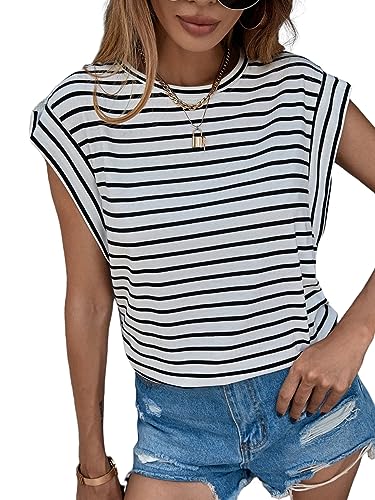 Floerns Women's Casual Stripe Print Cap Sleeve T Shirts Round Neck Tee