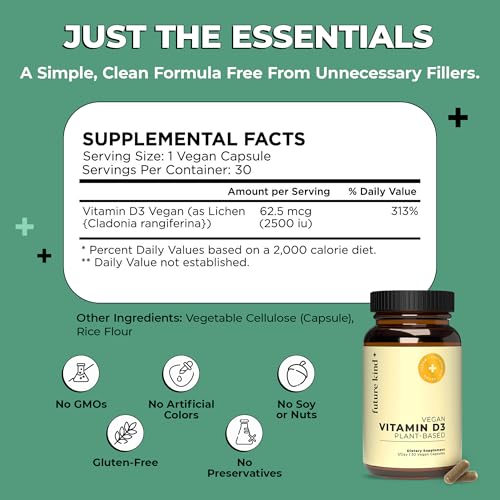 Image of Future Kind Vegan Vitamin D3 2500 IU for Bone & Muscle Support, 30ct | Bone and Muscle Function, Plant-Based from Lichen, Sugar-Free and Non-GMO, Vegan Vitamin D3 Supplement