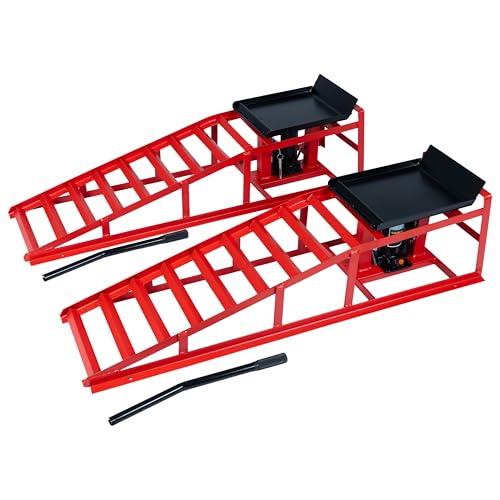 5 Ton (11000 lbs) Capacity Hydraulic Low Profile Car Ramps with Pin Lock, 10.6 to 14.7 Inch Lift Range, for Auto & Home Garage Maintenance, Oil Changes