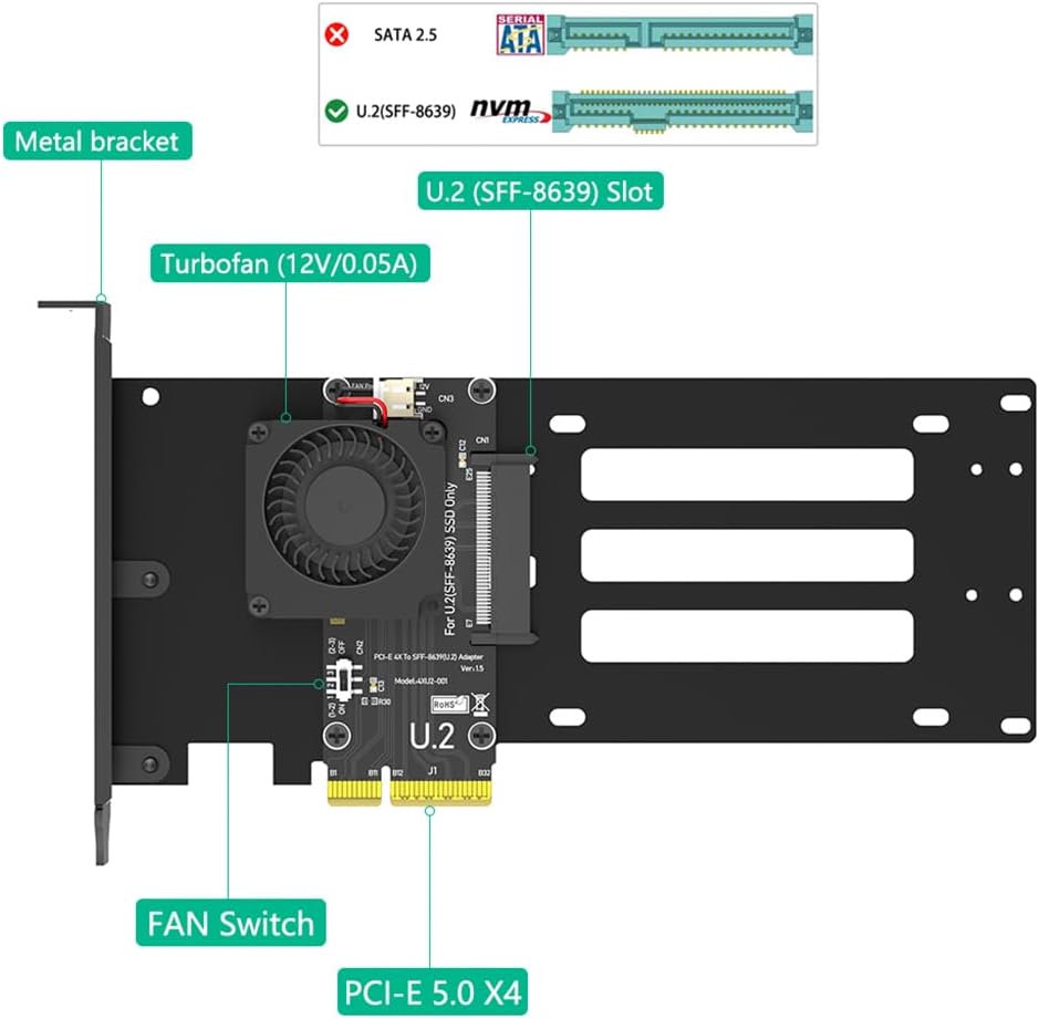 JMT PCIe 5.0 x4 to U.2 / U.3 SSD Adapter Card 16Gbps Bandwidth with Cooling Fan Compatible with 2.5-inch U.2 U.3 SSD Desktop Server (to U.2 SFF-8639)