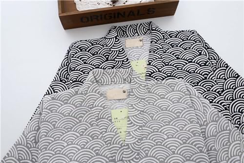 ZEALMAX Kimono Japanese Shirt and Pant, Cotton Linen Loungewear Lounge Set Spa Bathrobe, Gray Waves3