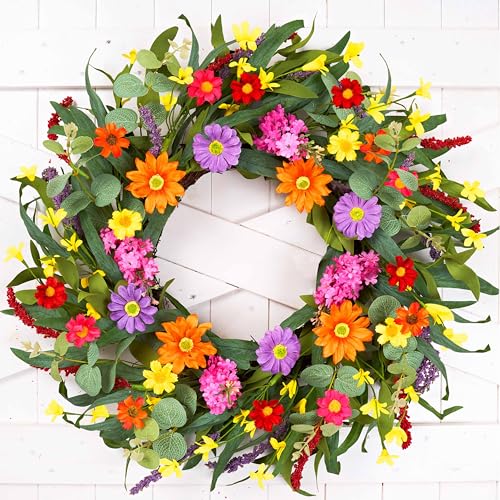 WSTPUPU Spring Wreath 22Inch Spring Wreaths for Front Door Artificial Summer Wreath with Colorful Daisy Green Eucalyptus Leaves Purple Lavender for Farmhouse Wall Wedding Home Porch Easter Celebration