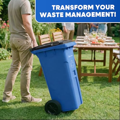PLASTIC PRINCE 32 Gallon Trash Can Outdoor Recycling Bin with Lid and Wheels Heavy Duty Rolling Garbage Can with Lid Blue Recycle Trash Can with Wheels for Warehouse Hospital Restaurant Office