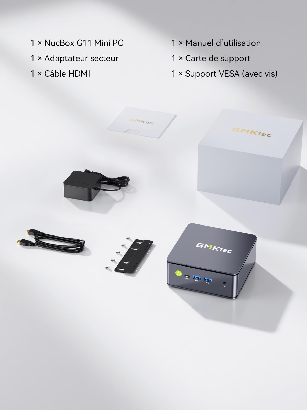 GMKtec G11 Mini PC avec AMD Ryzen Embedded R2514, 3 Ans d'assistant, 4C/8T Jusqu’à 3,7 GHz (Beats 4300U), 16Go DDR4 256Go SSD PCIe 3.0, Dual LAN 2,5G/WiFi6E/Triple écran 4K, pour Bureau/NAS/routeur