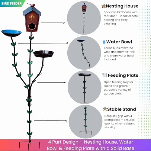 Image of 5ft Tall Large Iron Bird Feeder Stand with Bird Nest & Water Bowl, Decorative Outdoor Garden Lawn Bird House Feeding Station for Sparrows