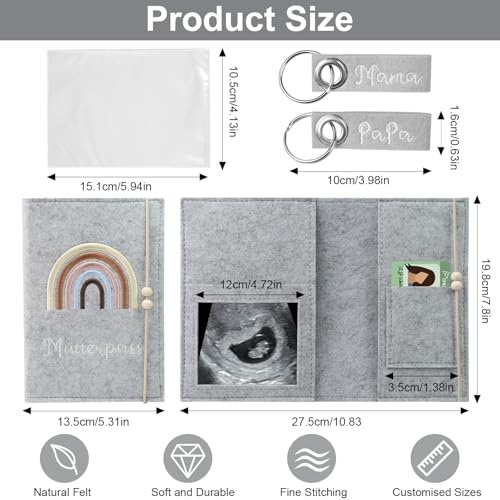 Mutterpasshülle Handgefertigtem Filz, Deutschen Mutterpass Hülle Filz mit 2 Schlüsselanhängern, Schutzhülle Impfausweis, Schwangerschaft Tagebuch Tasche, Hülle Mutterpass mit Fächer für Schwangerinen