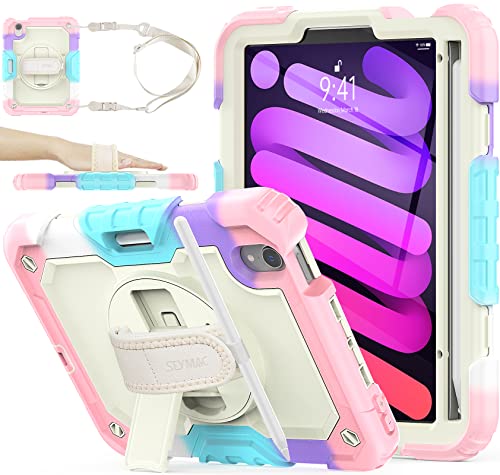 Image of SEYMAC stock Case for iPad Mini 6 8.3'' 2021 with Screen Protector Pencil Holder [360 Rotating Hand Strap] &Stand, Drop-Proof Case for iPad Mini 6th Generation 8.3 inch, Yellowish+Pink