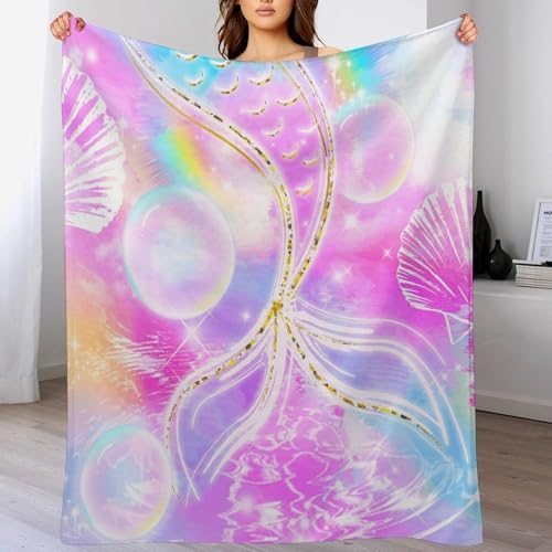 AAVEUP Pink Mermaid Blanket,Cartoon Fantasy Ocean Bubbles Beautiful Mermaid Shell Princess Tail Print Blanket for Girls Kids Room Nursery Couch Sofa Bed Decorative Gifts 30x40