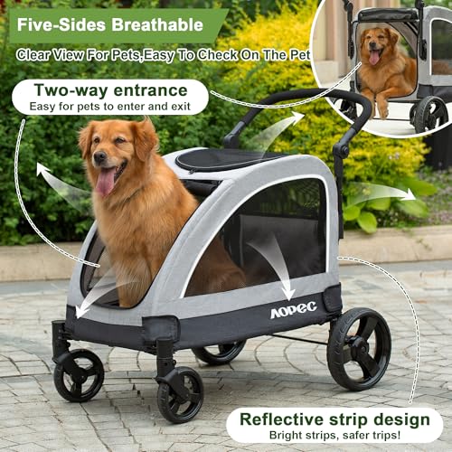 Image of Dog Stroller for Large & Medium Dogs, Dual Entry, 160 lbs Capacity, Gray | Folding Pet Stroller, Adjustable Handle, All-Terrain 4-Wheel, Breathable Mesh & Built-in Safety Leash for Outdoor Trips