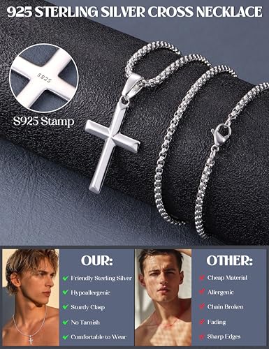 YADOCA 925 Sterling Silver Cross Necklace for Men - 3mm Stainless Steel Box Chain Silver Cross Chains Beveled Edge Crucifix Cross Pendant Necklace Jewelry for Women Mens 16-24 Inches4